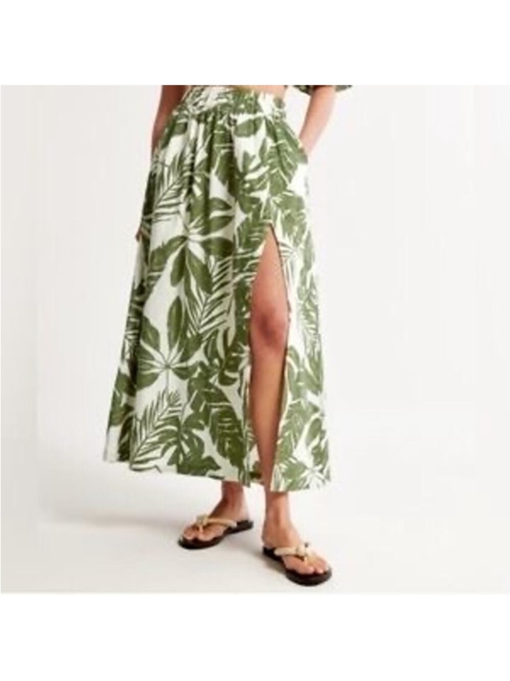 Abercrombie & Fitch Green Leaf-Print Maxi Skirt Side Slit M Linen Cotton